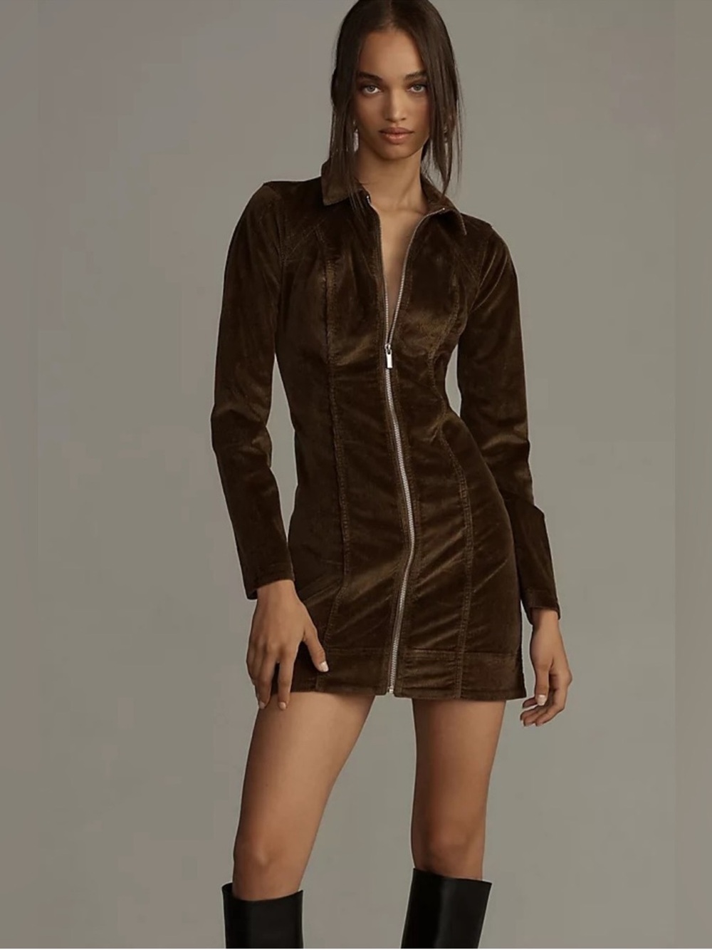 Pilcro Brown Corduroy Zip-Front Long Sleeve Dress